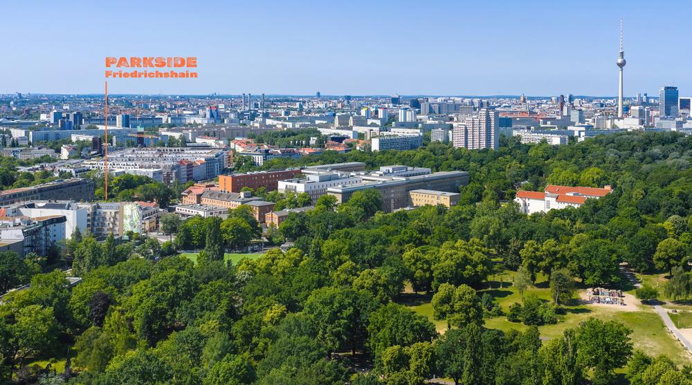 Bild Neubau Eigentumswohnungen Parkside Friedrichshain, Berlin: Luftaufnahme einer Wohnanlage