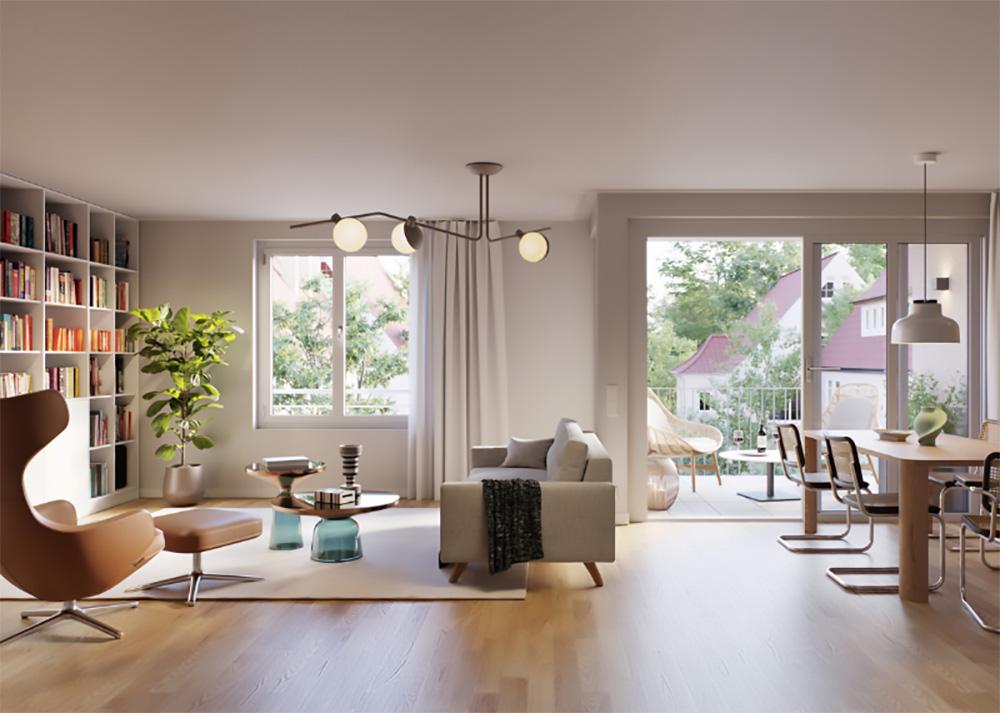 Bild Neubau Eigentumswohnungen Flößerstraße Bietigheim-Bissingen Bild Neubau Eigentumswohnungen Flößerstraße Bietigheim-Bissingen: Visualisierung eines hellen Wohnzimmers