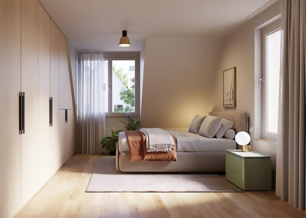 Bild Neubau Eigentumswohnungen Flößerstraße Bietigheim-Bissingen Bild Neubau Eigentumswohnungen Flößerstraße Bietigheim-Bissingen: Visualisierung eines Schlafzimmers