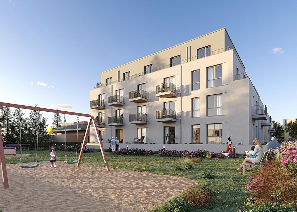 Bild Neubauprojekt Eigentumswohnungen N48 Apartments, Berlin: Visualisierung eines Mehrfamilienhauses mit Spielplatz
