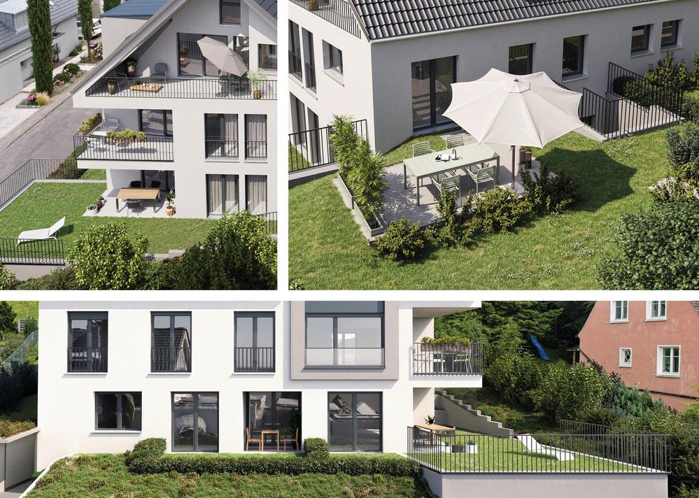 Bild Neubau Eigentumswohnungen Becherwaldstraße Merzhausen Bild Neubau Eigentumswohnungen Becherwaldstraße Merzhausen: Collage mit Visualisierungen des Mehrfamilienhauses