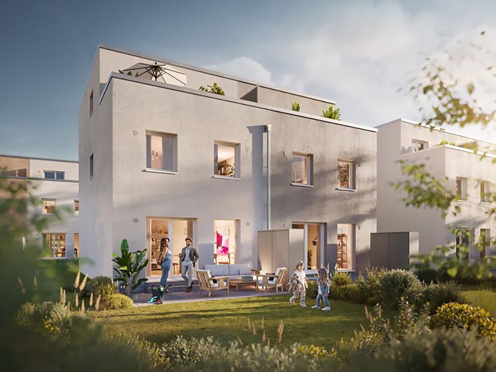 Bild Neubau Häuser Lindenstraße Kirchheim am Neckar Bild Neubau Häuser Lindenstraße Kirchheim am Neckar: Visualisierung von Reihenhäusern mit Garten