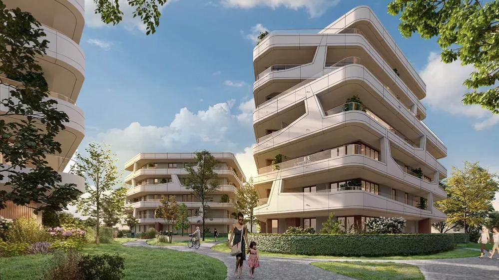 Bild Neubau Eigentumswohnungen Shape, Frankfurt Bild Neubau Eigentumswohnungen Shape, Frankfurt: Bild eines Hauses mit Baugerüst