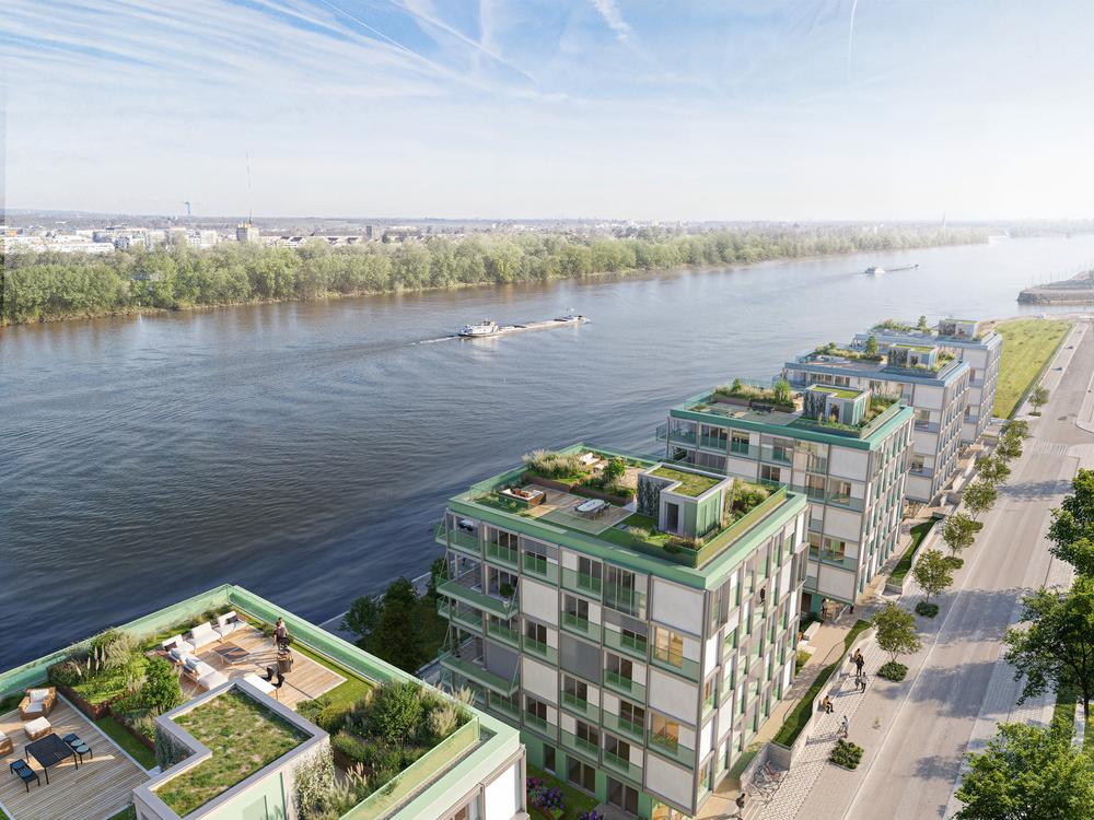 Bild Neubau Eigentumswohnungen An den Rheinwiesen Mainz: Visualisierung eines Mehrfamilienhauses am Fluss