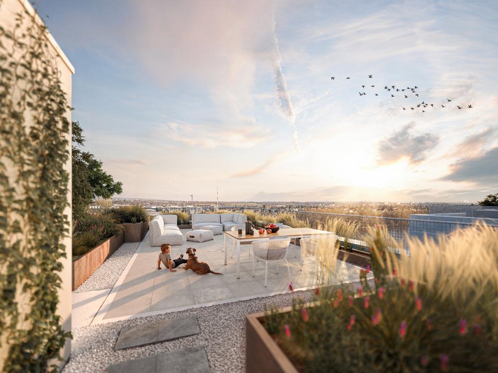 Bild Neubau Eigentumswohnungen An den Rheinwiesen Mainz: Visualisierung einer Dachterrasse mit Kind