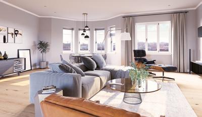 Bild Neubau und Sanierung Eigentumswohnungen Gärtnerstraße 27 Augsburg Bild Neubau und Sanierung Eigentumswohnungen Gärtnerstraße 27 Augsburg: Visualisierung eines Wohnzimmers