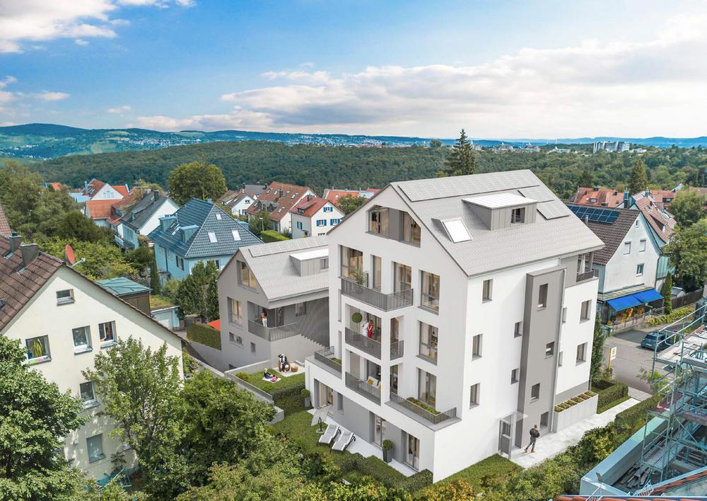 Bild Neubau Eigentumswohnungen Eduard-Steinele-Straße Stuttgart Bild Neubau Eigentumswohnungen Eduard-Steinele-Straße Stuttgart: Visualisierung eines Mehrfamilienhauses mit Blick auf Stuttgart