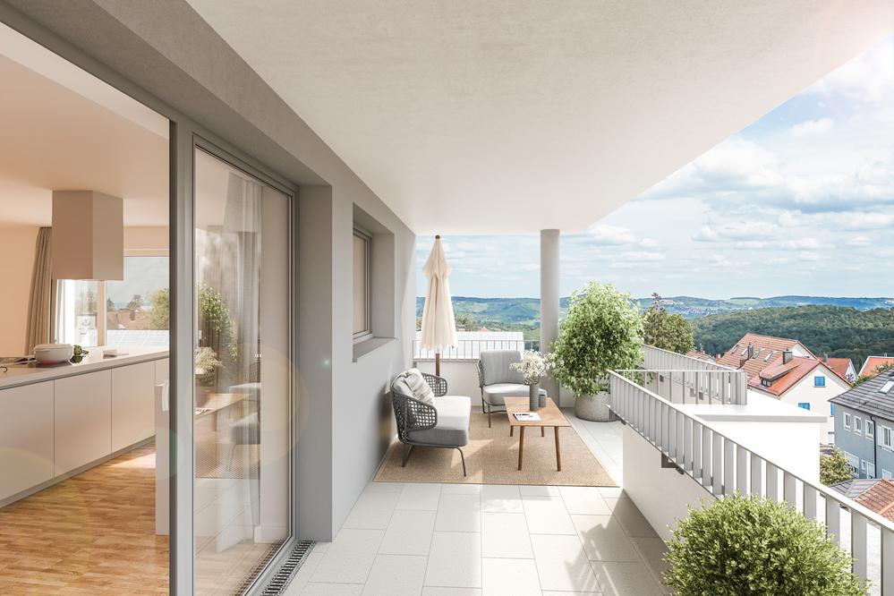 Bild Neubau Eigentumswohnungen Eduard-Steinele-Straße Stuttgart Bild Neubau Eigentumswohnungen Eduard-Steinele-Straße Stuttgart: Visualisierung eines sonnigen Balkon mit Blick auf Stuttgart