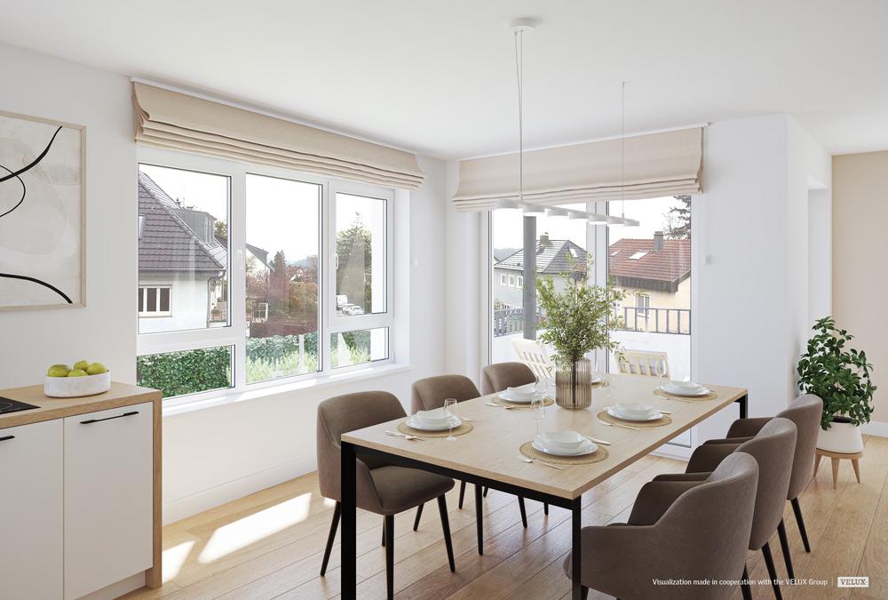 Bild Neubau Eigentumswohnungen Eduard-Steinele-Straße Stuttgart Bild Neubau Eigentumswohnungen Eduard-Steinele-Straße Stuttgart: Visualisierung eines hellen Esszimmers