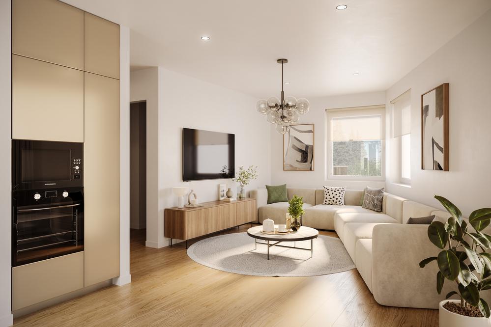 Bild Neubau Eigentumswohnungen Jahnstraße Böblingen: Visualisierung eines hellen Wohnzimmers
