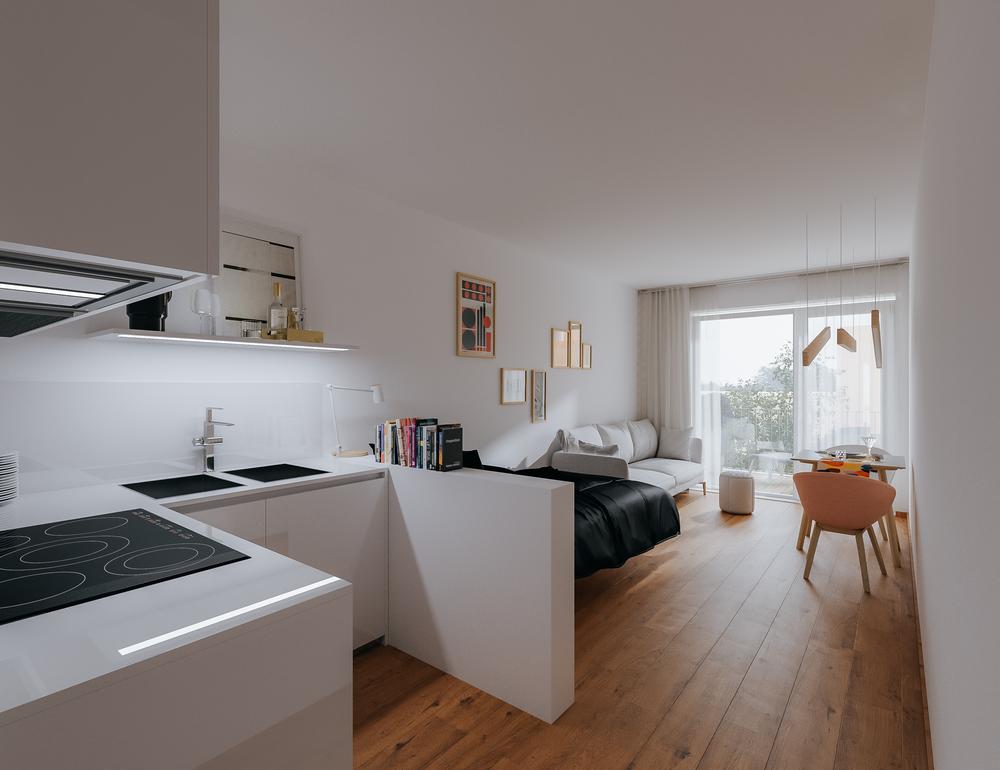 Bild Neubau Eigentumswohnungen Prüfeninger Straße Regensburg Bild Neubau Eigentumswohnungen Prüfeninger Straße Regensburg: Visualisierung einer offenen Küche