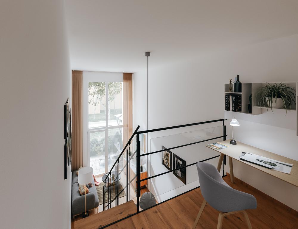 Bild Neubau Eigentumswohnungen Prüfeninger Straße Regensburg Bild Neubau Eigentumswohnungen Prüfeninger Straße Regensburg: Visualisierung einer Galerie mit Blick runter ins Wohnzimmer