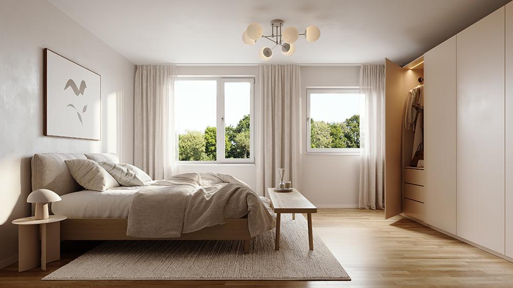 Bild Neubau Häuser Eininger Straße München Bild Neubau Häuser Eininger Straße München: Visualisierung eines hellen Schlafzimmers