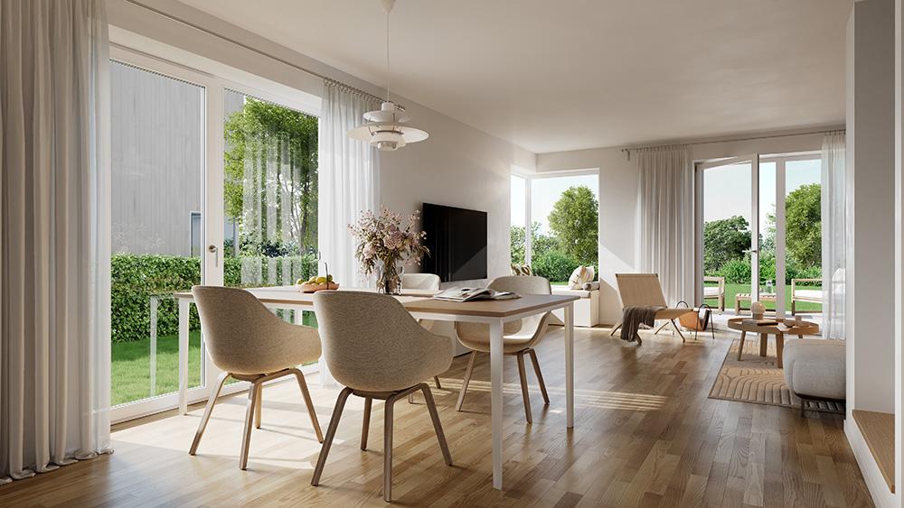 Bild Neubau Häuser Eininger Straße München Bild Neubau Häuser Eininger Straße München: Visualisierung eines hellen Esszimmers