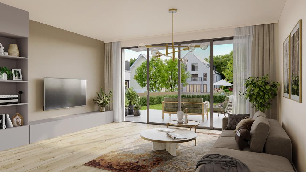Bild Neubau Häuser KRÔNBERG, Kronberg im Taunus: Visualisierung eines Mehrfamilienhauses Bild Neubau Häuser KRÔNBERG, Kronberg im Taunus: Visualisierung eines modernen Wohnzimmers