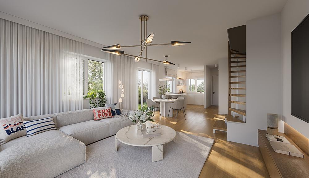 Bild Neubau Häuser Hochalmstraße München: Visualisierung eines hellen Wohnzimmers