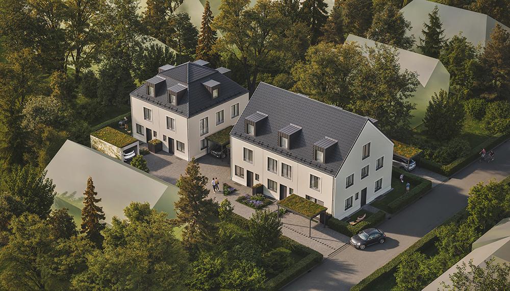 Bild Neubau Häuser Hochalmstraße München: Visualisierung eines Reihenhauses und eines Doppelhauses in der Vogelperspektive