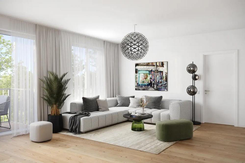 Bild Neubau Eigentumswohnungen Annemarie-Renger-Straße Mainz Bild Neubau Eigentumswohnungen Annemarie-Renger-Straße Mainz: Visualisierung eines hellen Wohnzimmers