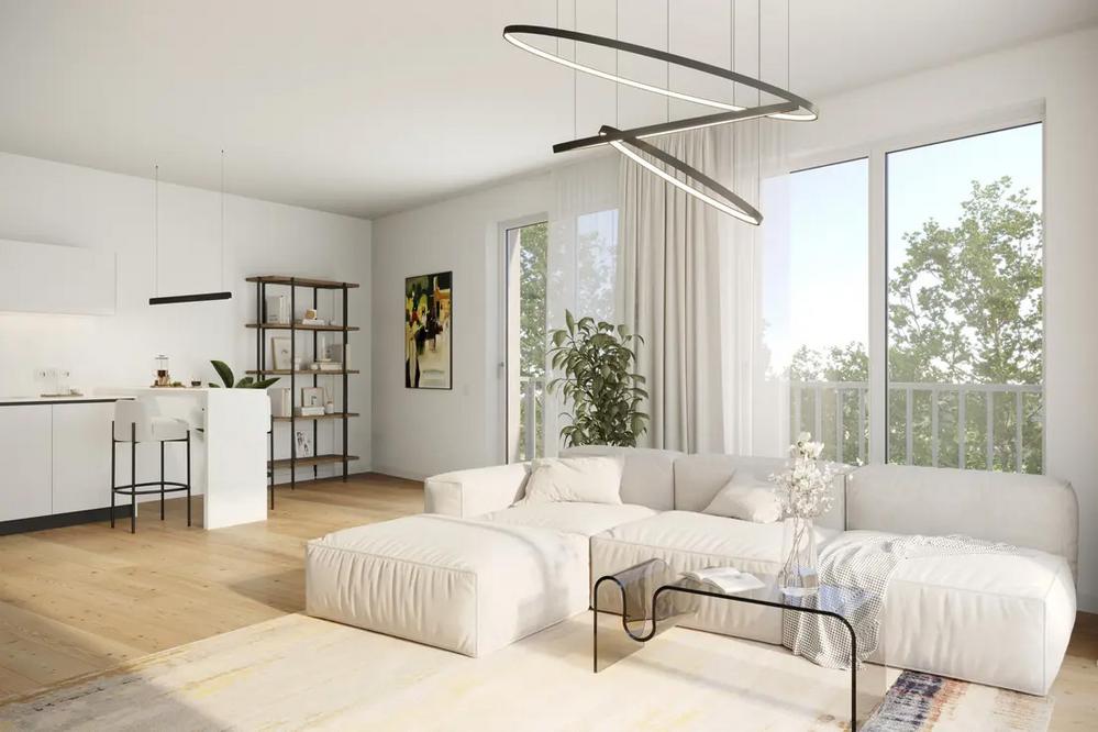 Bild Neubau Eigentumswohnungen Annemarie-Renger-Straße Mainz Bild Neubau Eigentumswohnungen Annemarie-Renger-Straße Mainz: Visualisierung eines hellen Wohnzimmers