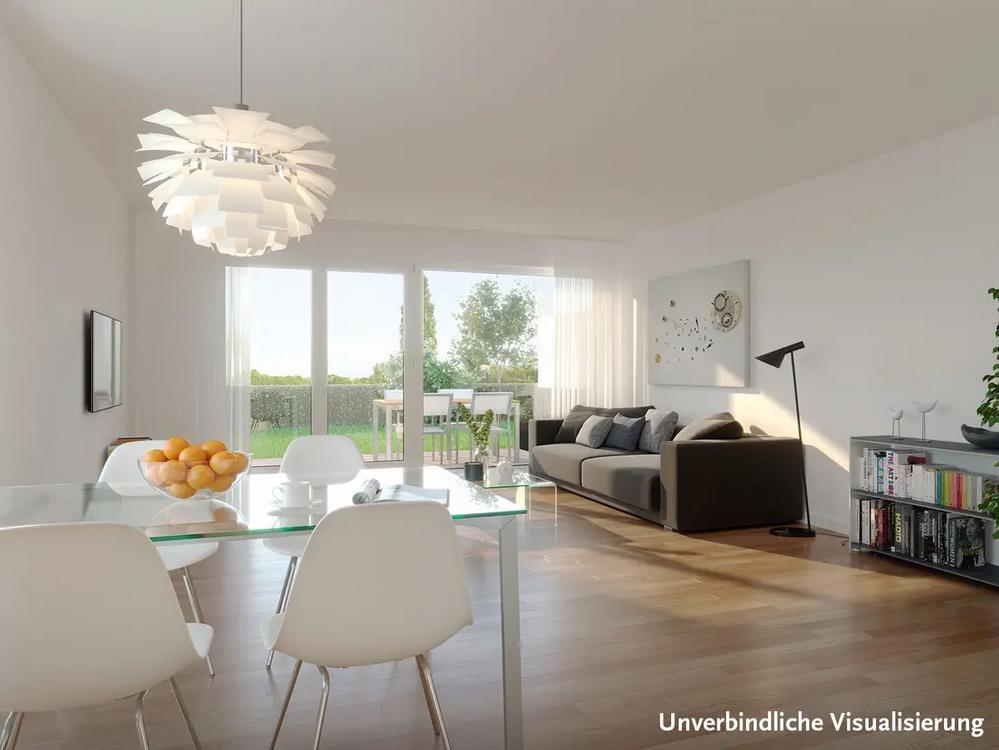 Bild Neubau Eigentumswohnungen Hasselstraße Großostheim Bild Neubau Eigentumswohnungen Hasselstraße Großostheim: Visualisierung eines hellen Wohnzimmers