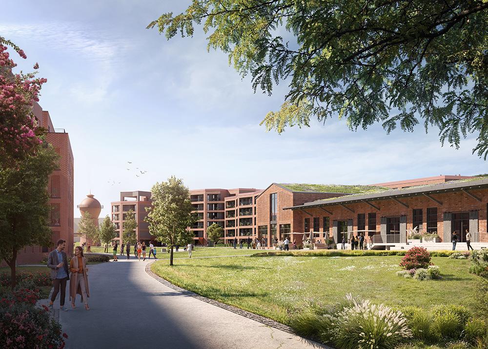 Bild Neubau Studentenapartments Verladestraße Lübeck: Visualisierung eines Innenhofs mit Menschen