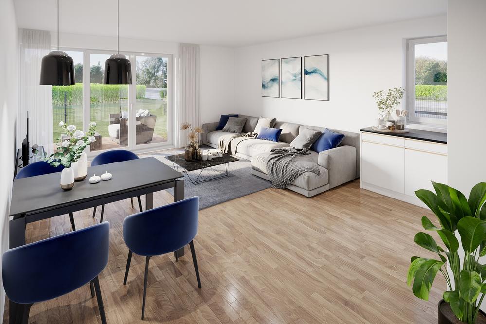 Bild Neubau Eigentumswohnungen Am Waldrand 13, Pulheim: Ansicht eines Wohnzimmers mit Sofa und Esstisch