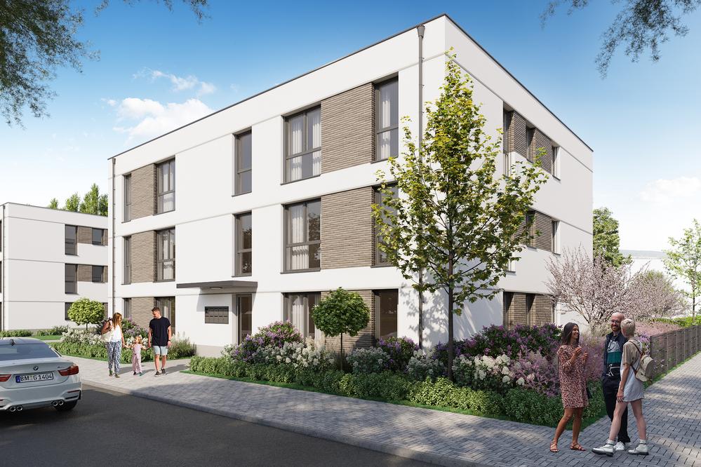 Bild Neubau Eigentumswohnungen Am Waldrand 13, Pulheim: Straßenansicht eines Mehrfamilienhauses mit PKW Stellplätzen und Menschen