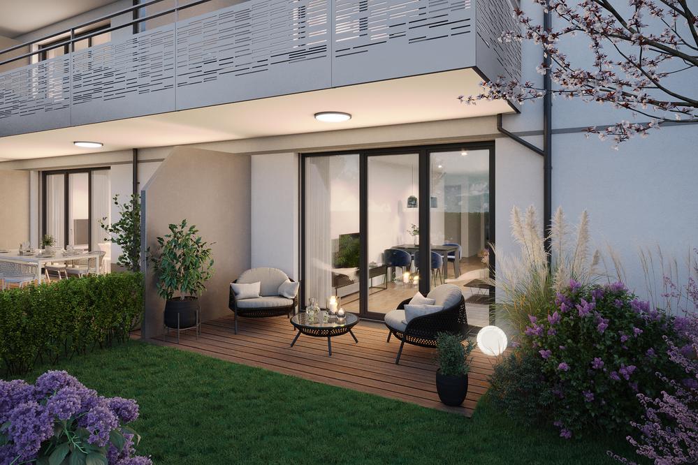 Bild Neubau Eigentumswohnungen Am Waldrand 13, Pulheim: Bild einer Gartenterrasse mit Menschen