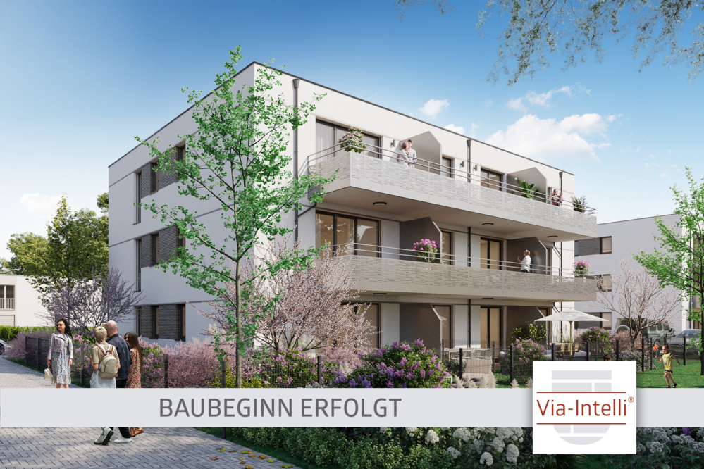 Bild Neubau Eigentumswohnungen Am Waldrand 13, Pulheim: Straßenansicht eines Mehrfamilienhauses mit PKW Stellplätzen und Menschen
