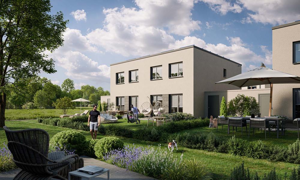 Bild Neubau Eigentumswohnungen Eigener Feldblick, Bottrop: Visualisierung eines Mehrfamilienhauses mit Blick in den Innenhof
