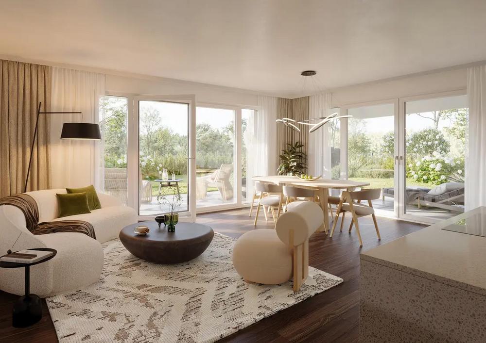 Bild Neubau Eigentumswohnungen Peretshofener Straße München: Visualisierung eines großen Wohnzimmers