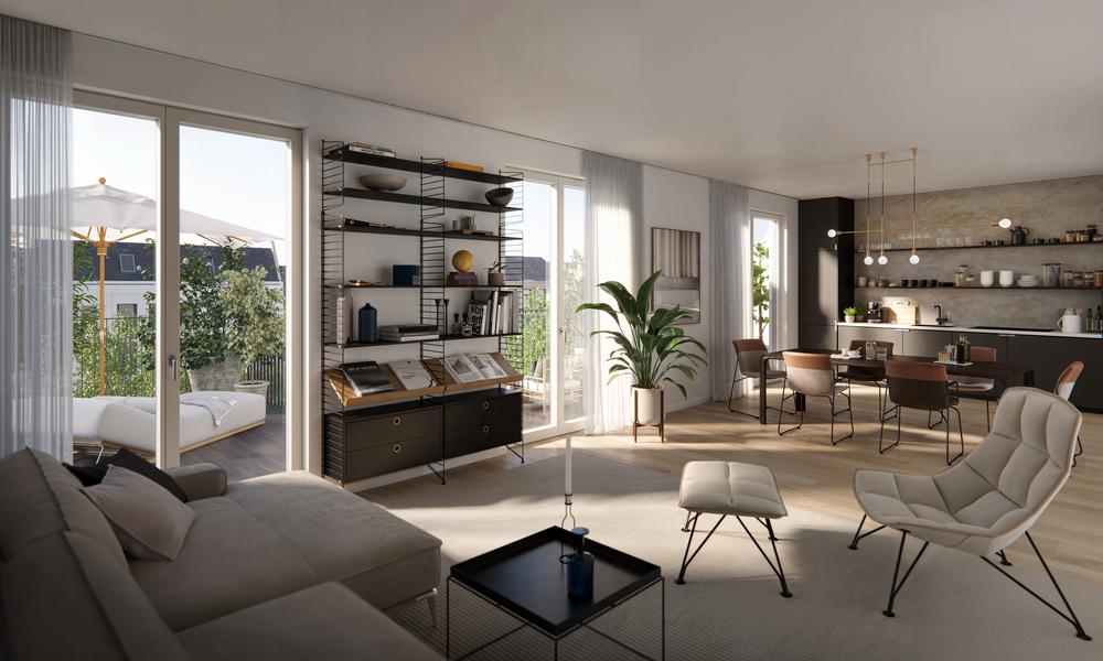 Bild Neubau Eigentumswohnungen Oekersallee Hamburg: Visualisierung eines hellen Wohnzimmers