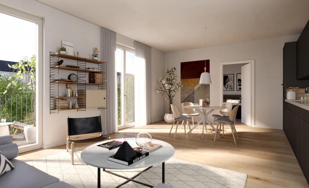 Bild Neubau Eigentumswohnungen Oekersallee Hamburg: Visualisierung eines hellen Wohnzimmers