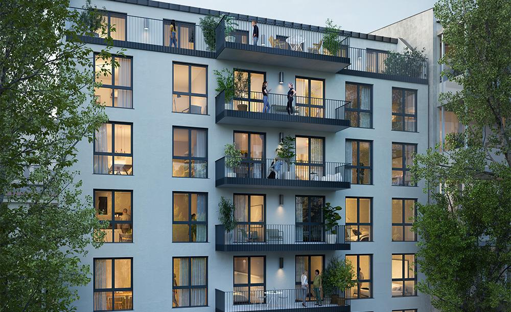 Bild Neubau Eigentumswohnungen Oekersallee Hamburg: Außenansicht eines Mehrfamilienhauses