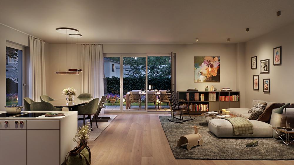 Bild Neubau Häuser Ilsenweg Hamburg: Visualisierung eines großen Wohnzimmers