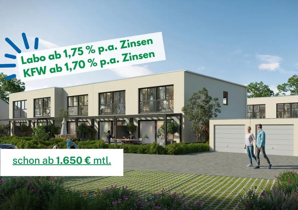 Bild Neubau Häuser Glasschleiferstraße Kaufbeuren: Visualisierung einer Reihenhausanlage mit Vermarktungshinweisen