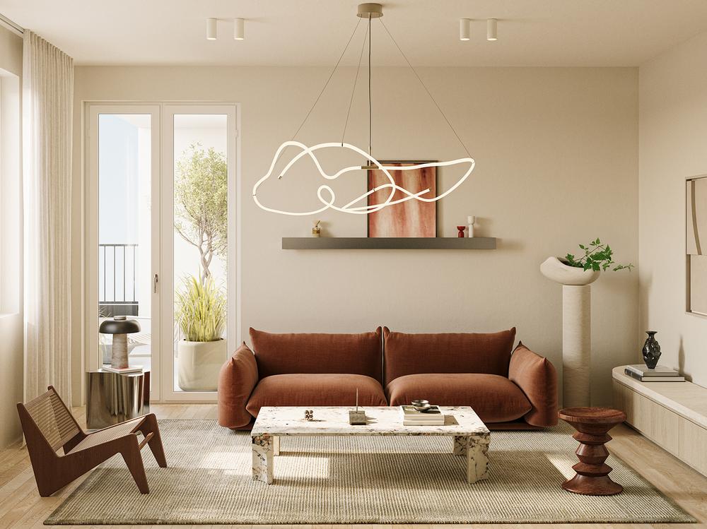 Bild Neubau Eigentumswohnungen Eckertstraße Berlin: Visualisierung eines hellen Wohnzimmers