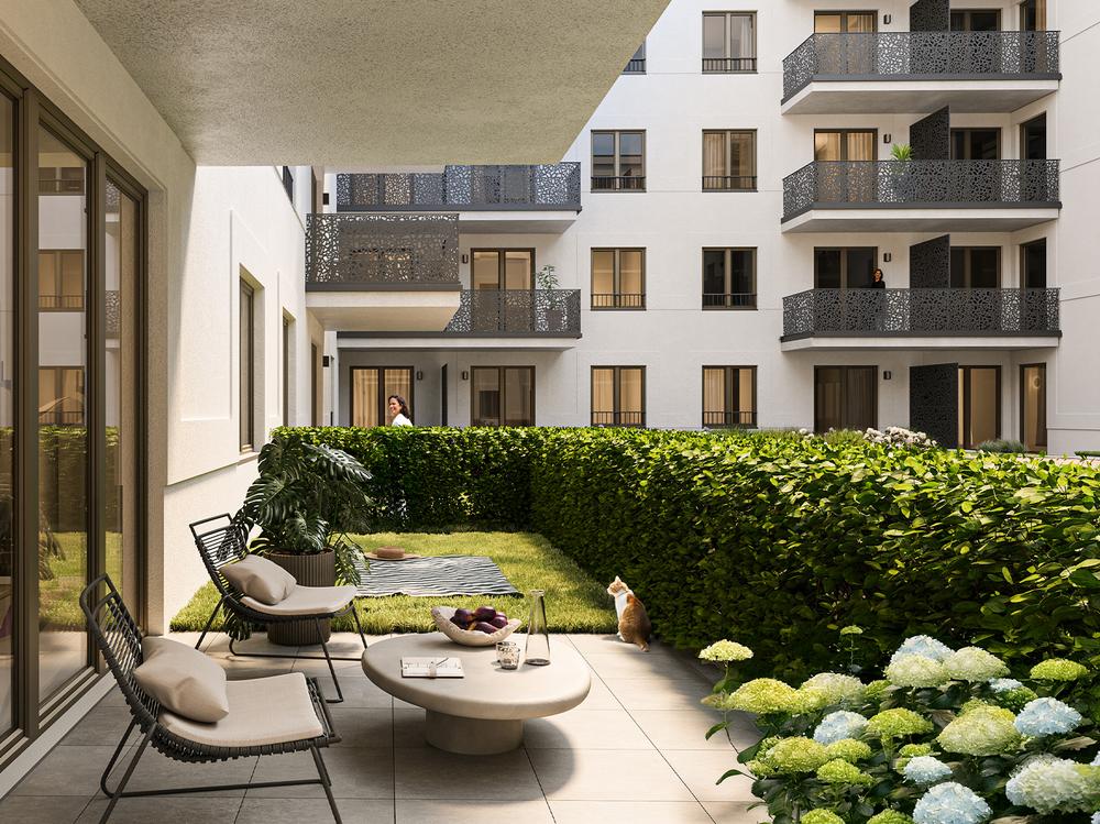 Bild Neubau Eigentumswohnungen Eckertstraße Berlin: Visualisierung einer Gartenterrasse mit Blick in den Innenhof