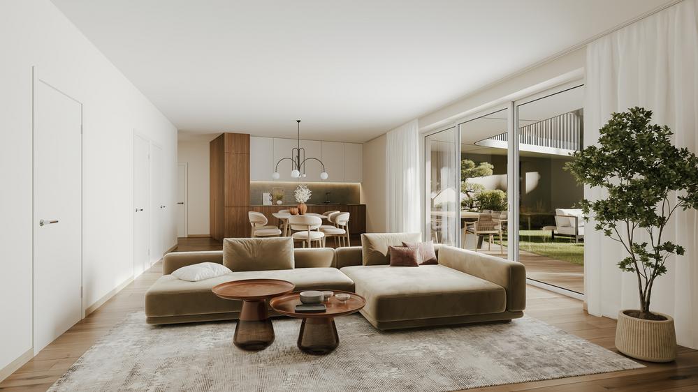 Bild Neubau Eigentumswohnungen Ulrich-Lichtenstein-Gasse Graz: Visualisierung eines hellen Wohnzimmers: Visualisierung eines Mehrfamilienhauses