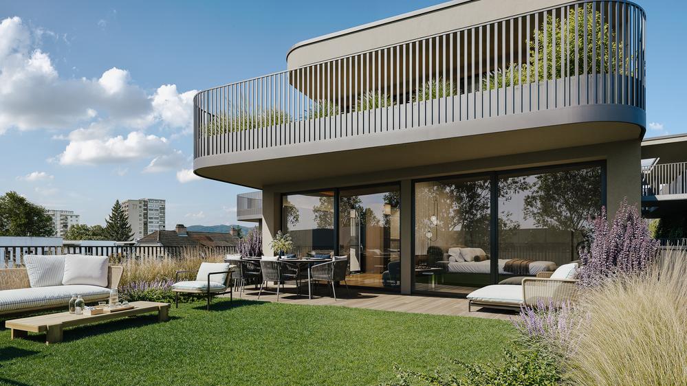 Bild Neubau Eigentumswohnungen Ulrich-Lichtenstein-Gasse Graz: Visualisierung eines hellen Wohnzimmers: Visualisierung eines Mehrfamilienhauses