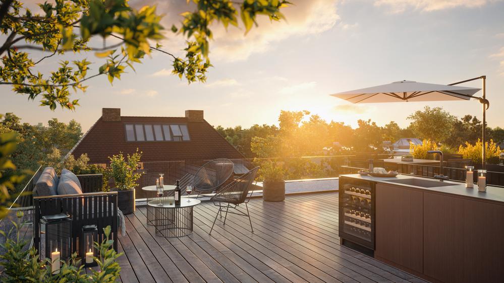 Bild Neubau Eigentumswohnungen Herbartstraße Berlin: Visualisierung einer Dachterrasse mit Sonnenuntergang