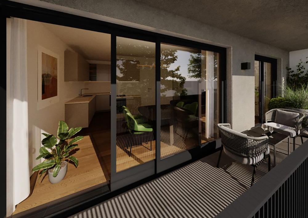 Bild Neubau Eigentumswohnungen Haydnstraße Tutzing: Visualisierung eines Balkons mit Blick ins Wohnzimmers