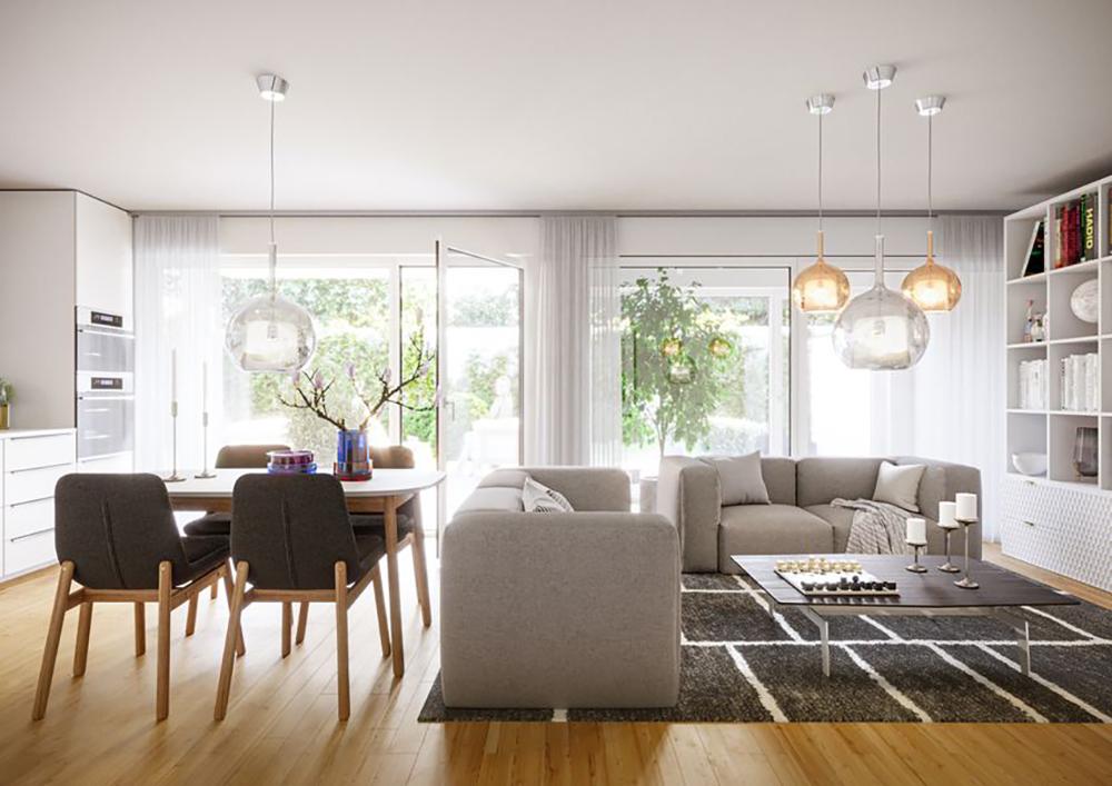 Bild Neubau Eigentumswohnungen Fliederstraße Vaterstetten: Visualisierung eines modernen Wohnzimmers