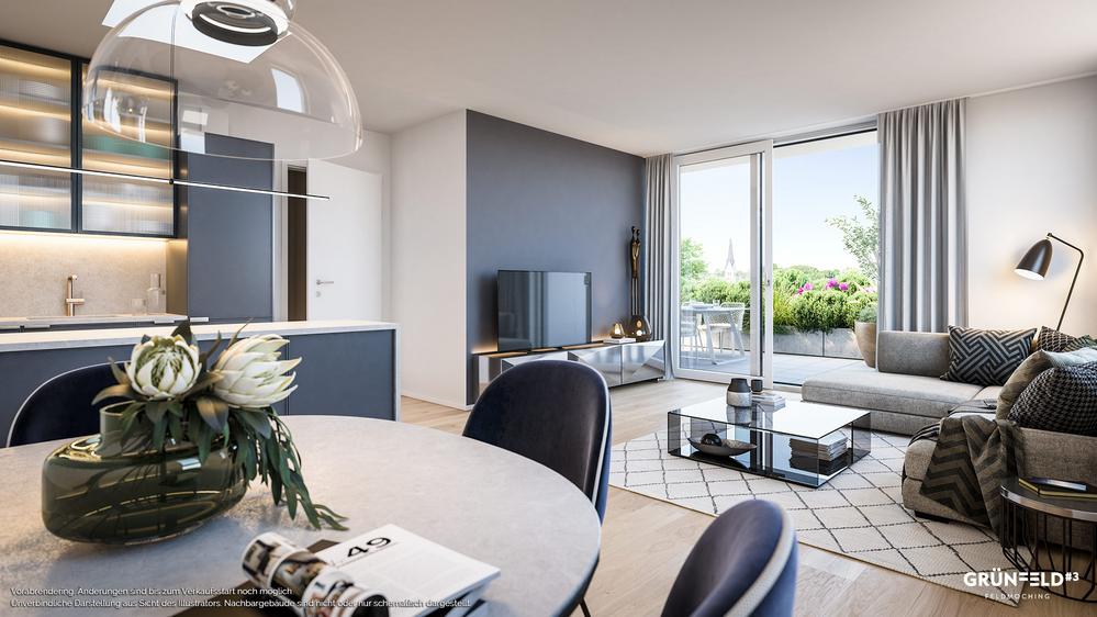 Bild Neubauprojekt GRÜNFELD3 München: Visualisierung einer hellen Wohnküche