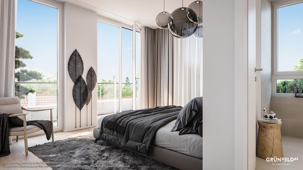Bild Neubauprojekt GRÜNFELD3 München: Visualisierung eines großen Schlafzimmers