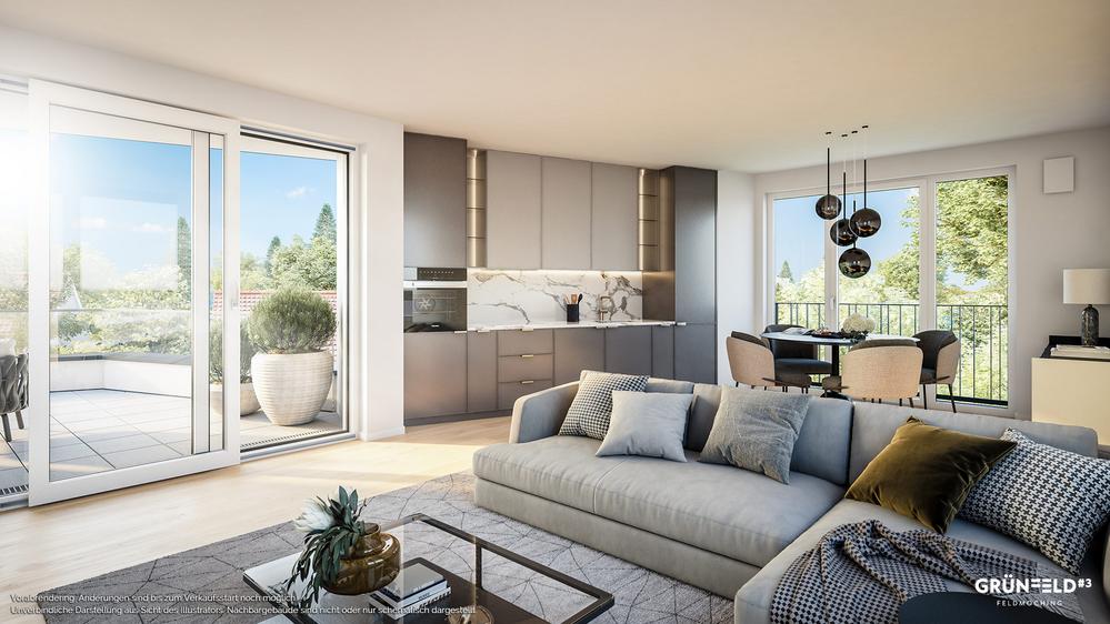 Bild Neubauprojekt GRÜNFELD3 München: Visualisierung eines modernen Wohnzimmers
