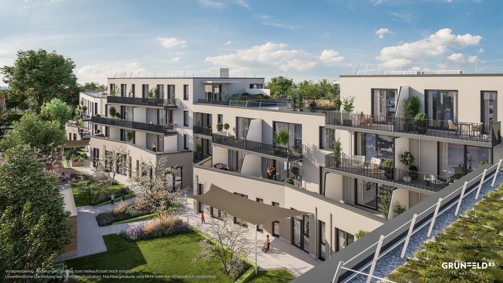 Bild Neubauprojekt GRÜNFELD3 München: Visualisierung eines Mehrfamilienhauses
