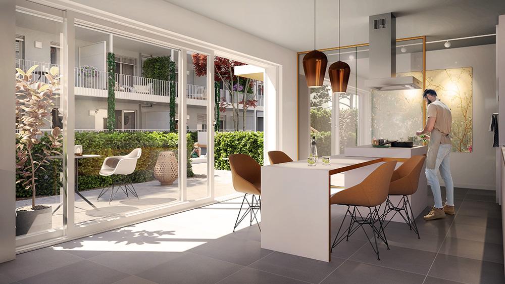 Bild Neubau Eigentumswohnungen und Häuser Bonner Straße Köln: Visualisierung eines hellen Wohnzimmers