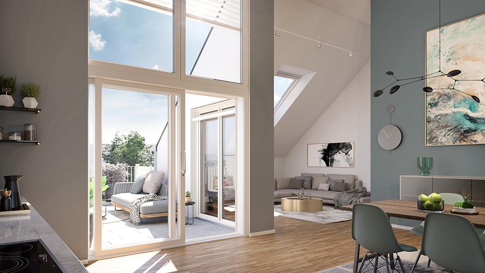 Bild Neubau Eigentumswohnungen und Häuser Bonner Straße Köln: Visualisierung einer Dachgeschosswohnung mit Blick auf den Balkon