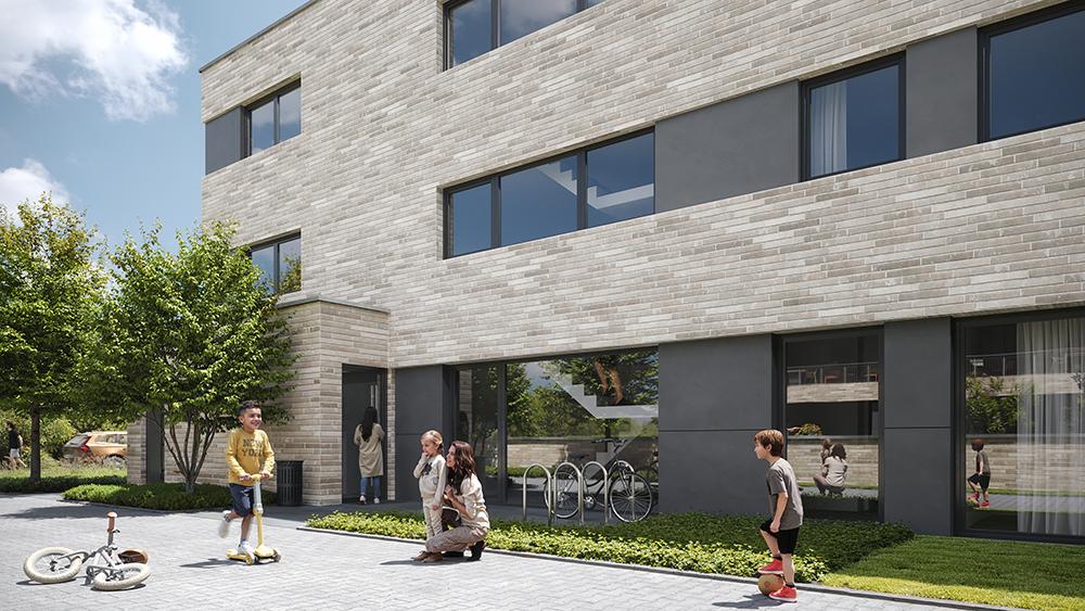 Bild Neubau Eigentumswohnungen Elisabeth-Hauertmann-Straße Gütersloh: Visualisierung eines Mehrfamilienhauses mit Menschen